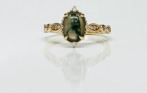 Dainty and Delightful Moss Agate and Diamond Ring in Yellow Gold