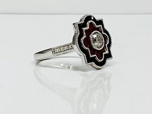 Vintage Style Old European Cut Diamond Ring with Rubies and Onyx in Platinum