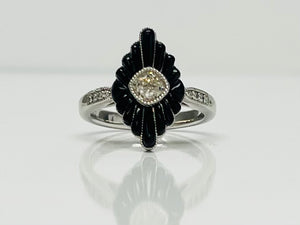 Old Mine Cut Diamond and Black Onyx Ring