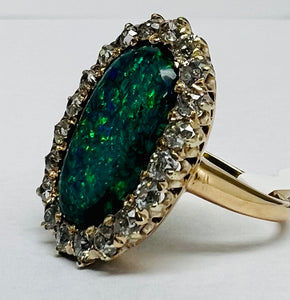 Antique Black Opal and Old European Cut Diamond Ring