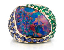Load image into Gallery viewer, Incredible 18kyg Black Opal Cigar Ring with Sapphires and Emeralds

