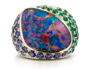 Incredible 18kyg Black Opal Cigar Ring with Sapphires and Emeralds