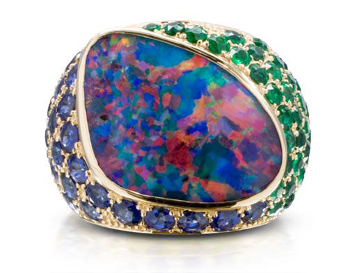 Incredible 18kyg Black Opal Cigar Ring with Sapphires and Emeralds